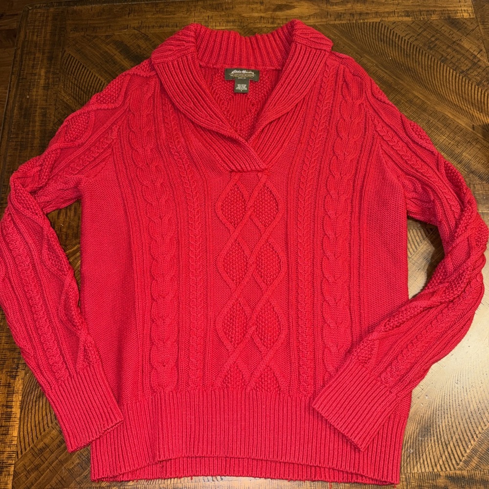 eddie bauer Womens Large Wool Blend Cable Knit Fisherman Red Sweater